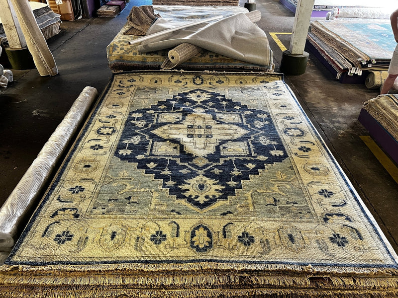 Britannica 7.9x10 Blue and Ivory Hand-Knotted Persian Rug | Banana Manor Rug Company