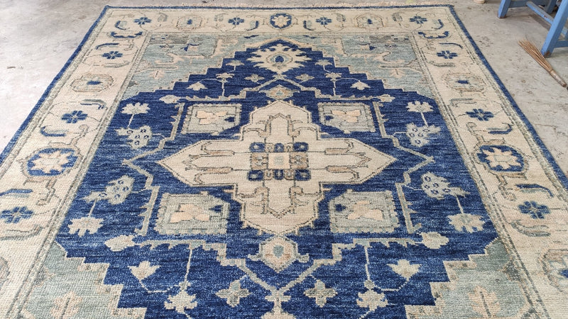 Britannica 7.9x10 Blue and Ivory Hand-Knotted Persian Rug | Banana Manor Rug Company