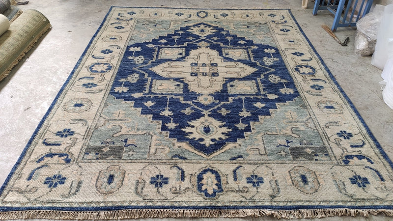 Britannica 7.9x10 Blue and Ivory Hand-Knotted Persian Rug | Banana Manor Rug Company