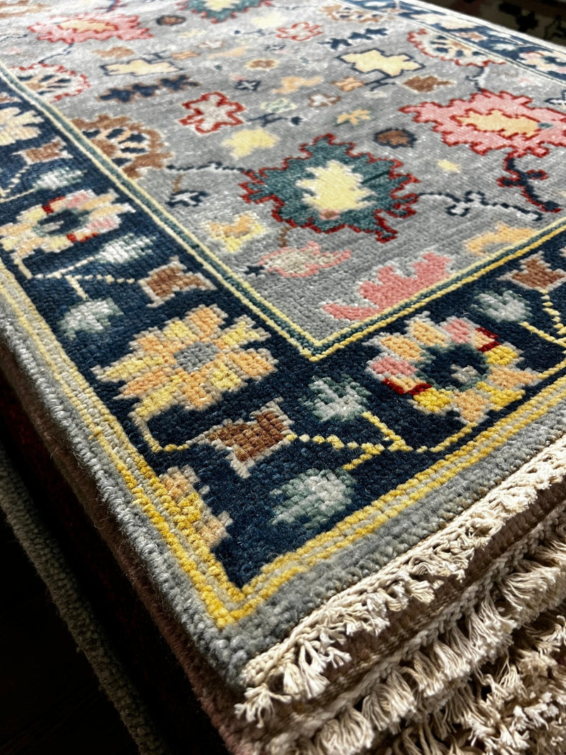 Camille Clifford 2.9x8 Grey and Blue Hand-Knotted Oushak Runner | Banana Manor Rug Company