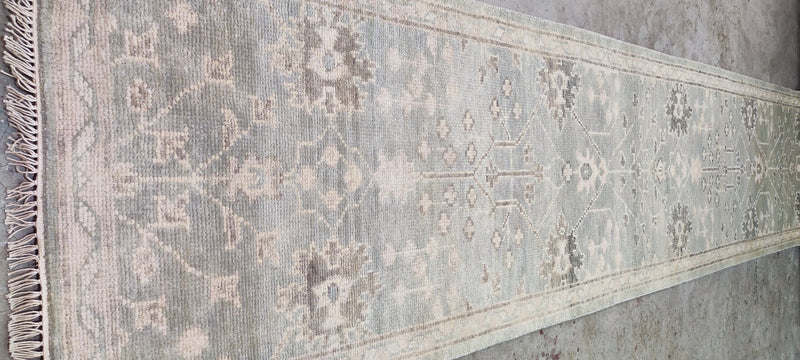 Candace Wheeler Light Green Hand-Knotted Oushak Runner 2.6x12.9 | Banana Manor Rug Company