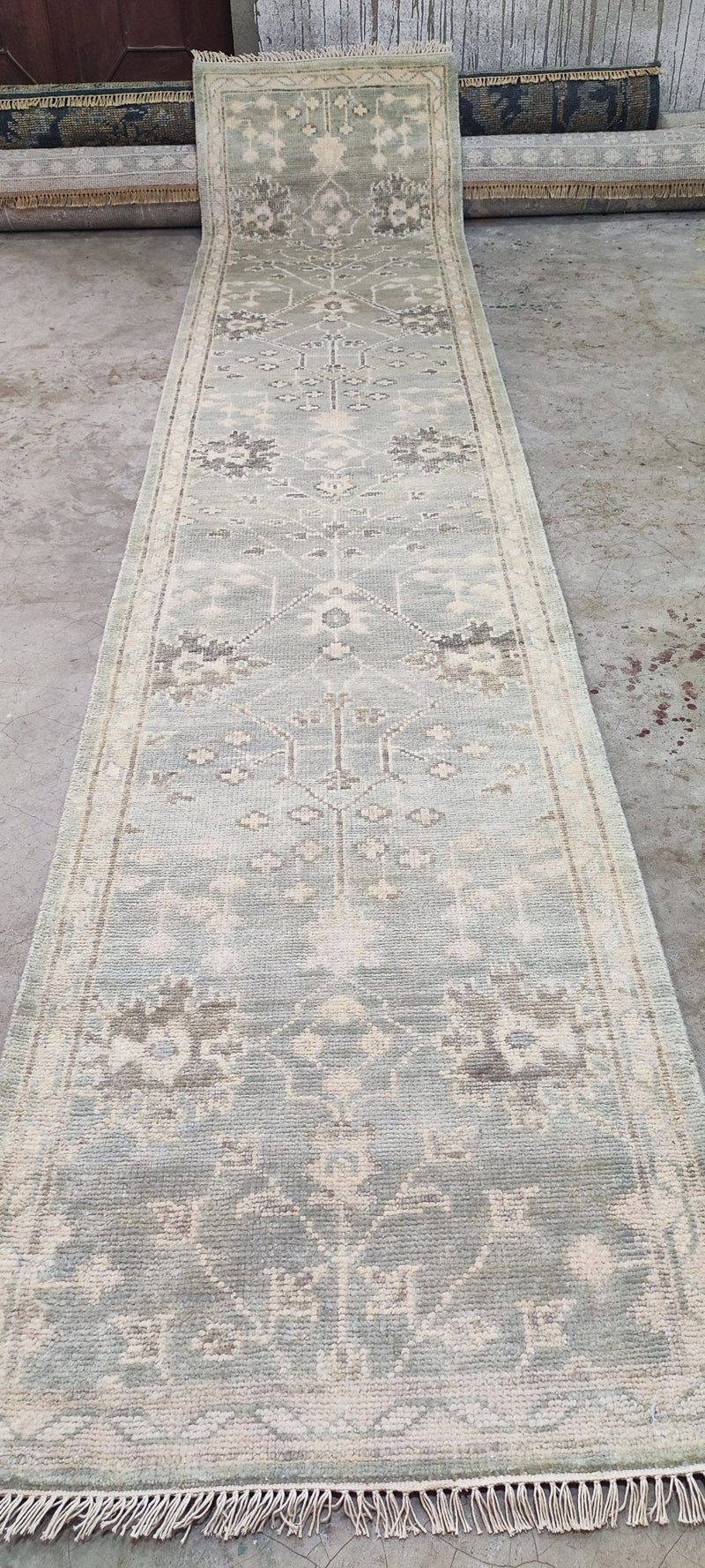 Candace Wheeler Light Green Hand-Knotted Oushak Runner 2.6x12.9 | Banana Manor Rug Company