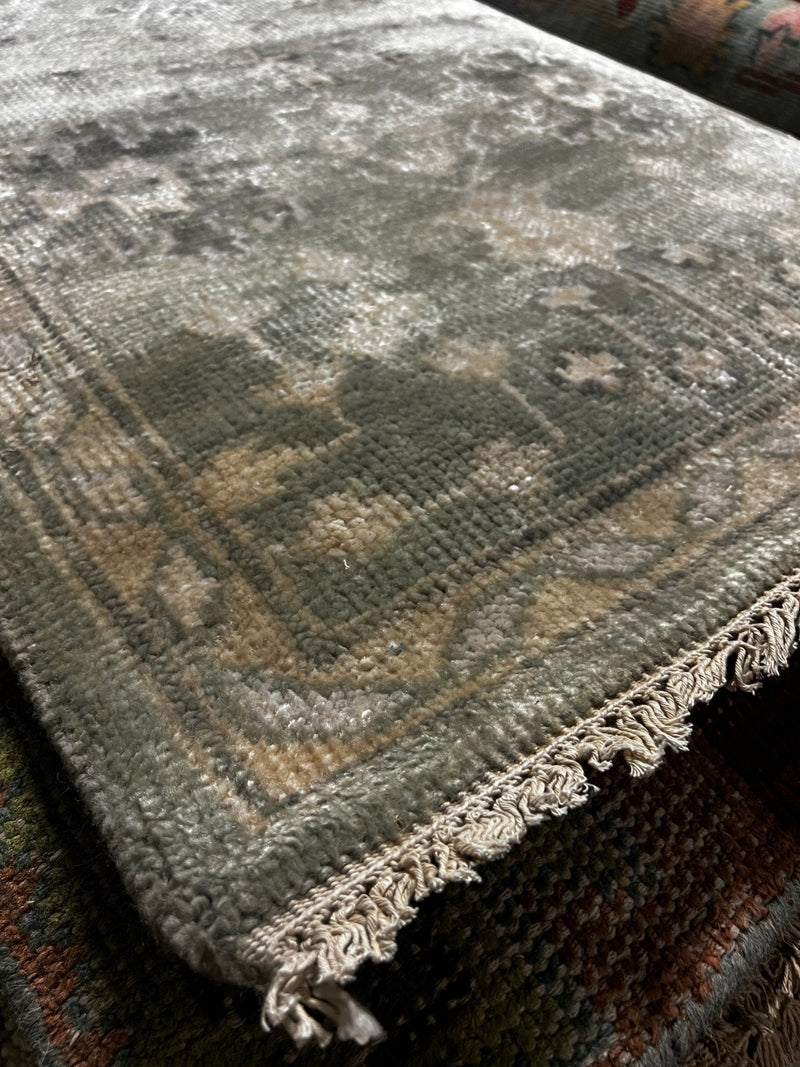 Candace Wheeler Light Green Hand-Knotted Oushak Runner 2.6x12.9 | Banana Manor Rug Company