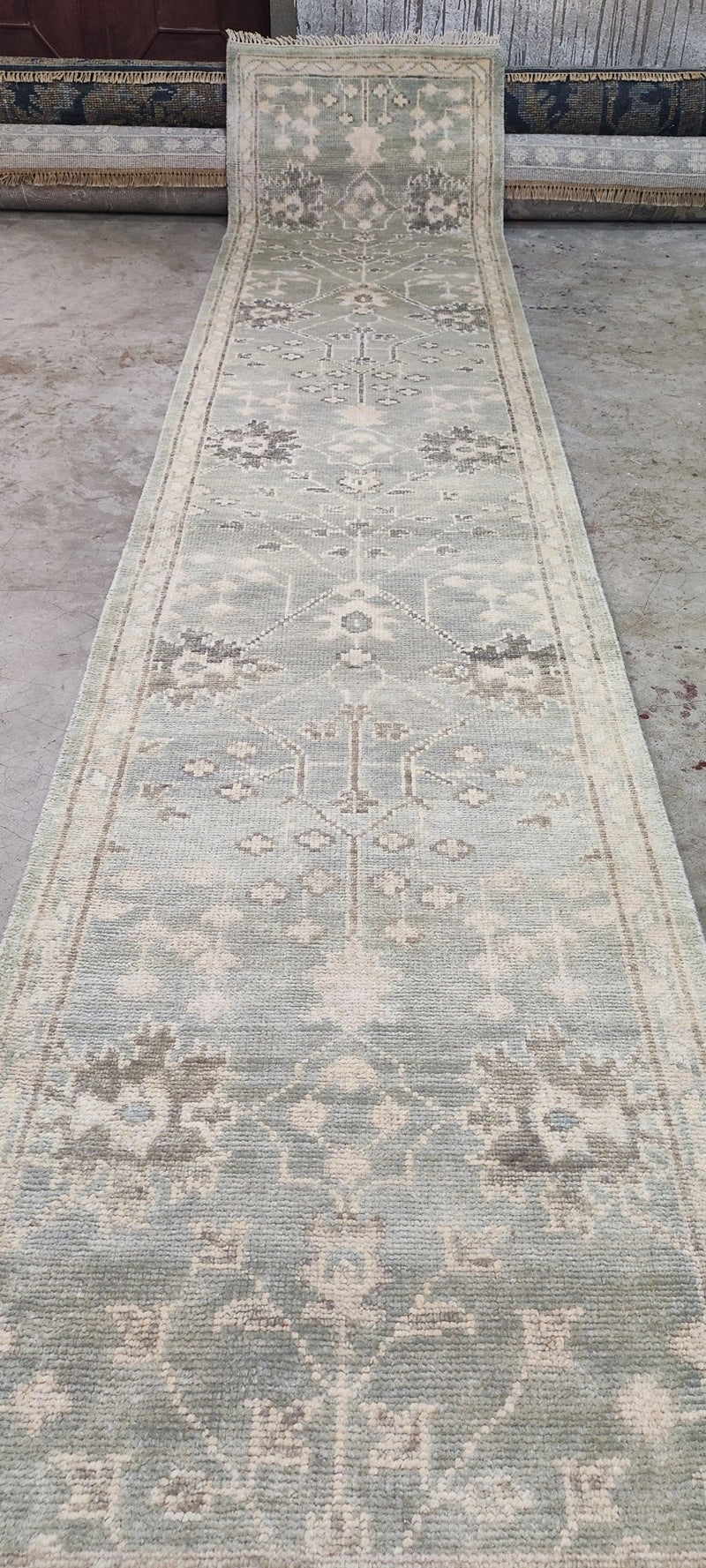 Candace Wheeler Light Green Hand-Knotted Oushak Runner 2.6x12.9 | Banana Manor Rug Company