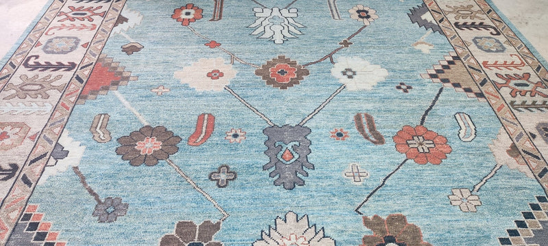 Catharine Cockburn Hand-Knotted Oushak Rug Light Blue and Tan 10x14 | Banana Manor Rug Company