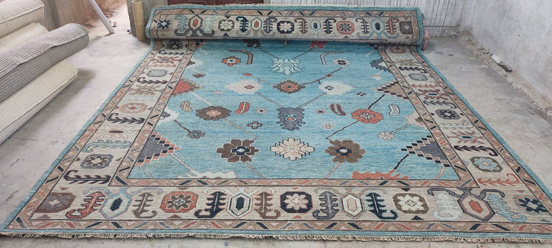 Catharine Cockburn Hand-Knotted Oushak Rug Light Blue and Tan 10x14 | Banana Manor Rug Company