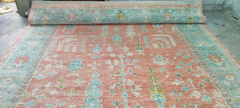 Catherine Garglealot 10x13.9 Pink and Light Green Hand-Knotted Oushak Rug | Banana Manor Rug Company