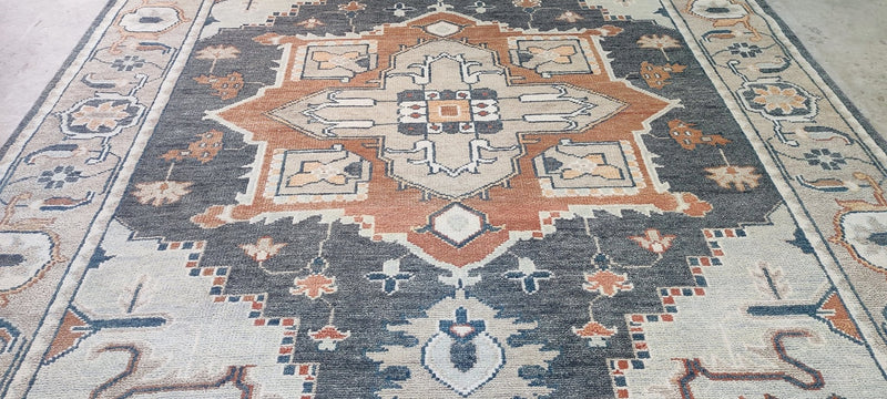 Charlotte Charke Hand-Knotted Oushak Rug Dark Grey and Tan 9x12 | Banana Manor Rug Company