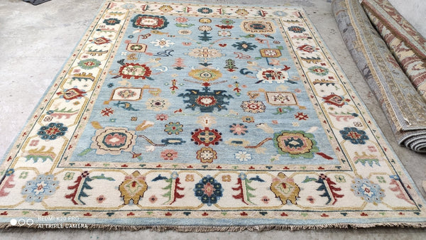 Cindy 7.9x10 Light Blue and Ivory Hand-knotted Oushak Rug | Banana Manor Rug Company