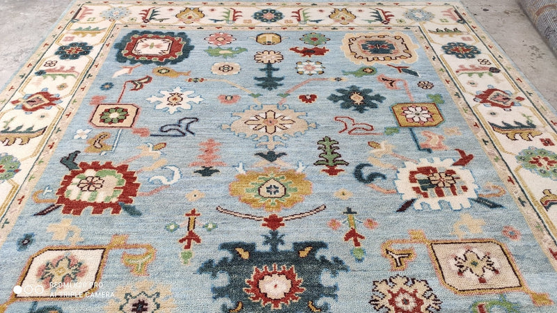 Cindy 7.9x10 Light Blue and Ivory Hand-knotted Oushak Rug | Banana Manor Rug Company