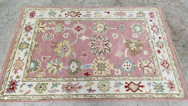 Claudita 4x6 Pink and Ivory Hand-Knotted Oushak Rug | Banana Manor Rug Company