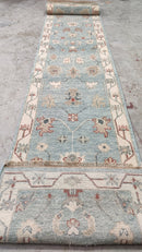 Colleen 2.9x14 Light Blue and Ivory Hand-Knotted Oushak Runner | Banana Manor Rug Factory Outlet