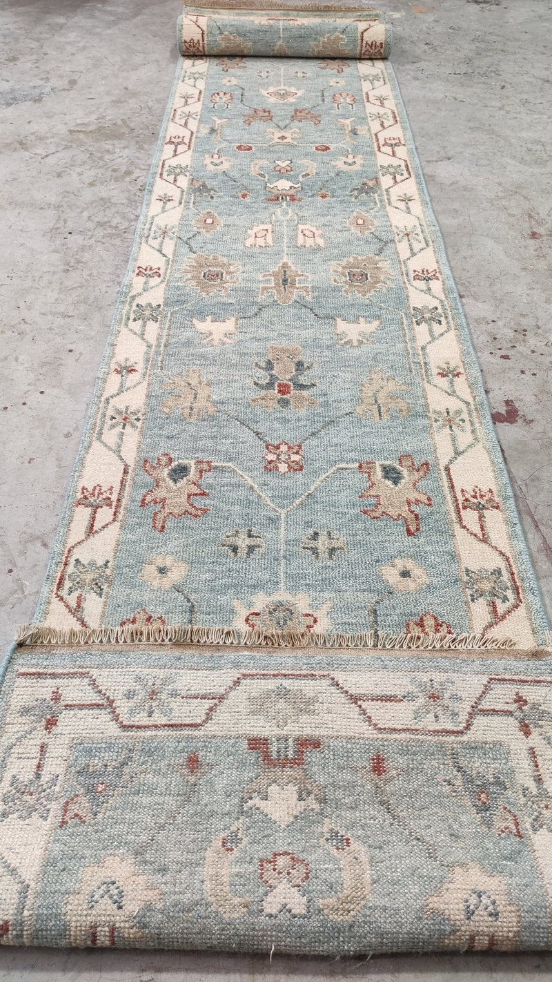 Colleen 2.9x14 Light Blue and Ivory Hand-Knotted Oushak Runner | Banana Manor Rug Factory Outlet