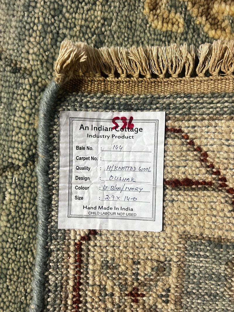 Colleen 2.9x14 Light Blue and Ivory Hand-Knotted Oushak Runner | Banana Manor Rug Factory Outlet
