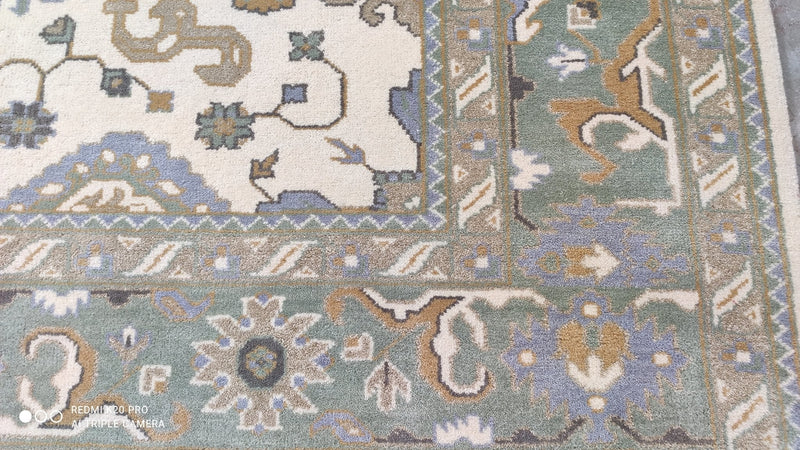 Constance 7.10x10 Ivory and Light Green Hand-Knotted Oushak Rug | Banana Manor Rug Company