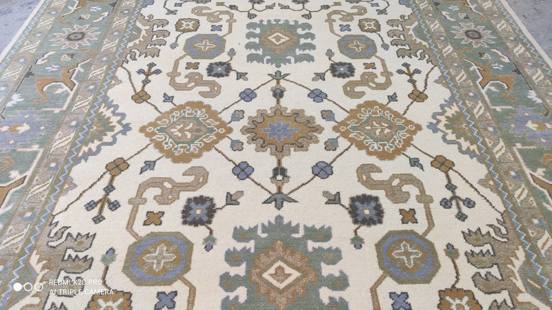 Constance 7.10x10 Ivory and Light Green Hand-Knotted Oushak Rug | Banana Manor Rug Company
