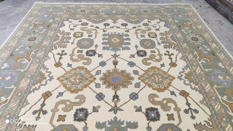 Constance 7.10x10 Ivory and Light Green Hand-Knotted Oushak Rug | Banana Manor Rug Company