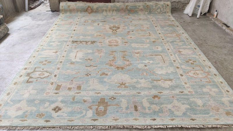 Coraline 9.3x12 Aqua and Blue Turkish Knot Oushak Rug | Banana Manor Rug Company