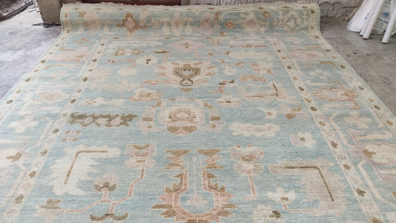 Coraline 9.3x12 Aqua and Blue Turkish Knot Oushak Rug | Banana Manor Rug Company