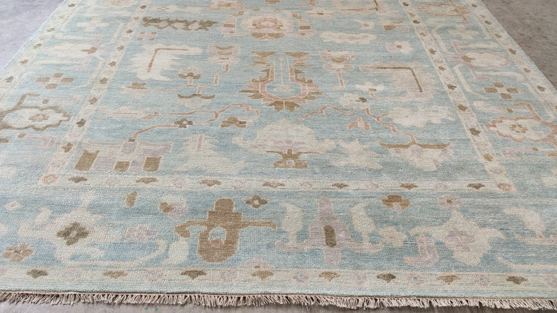 Coraline 9.3x12 Aqua and Blue Turkish Knot Oushak Rug | Banana Manor Rug Company