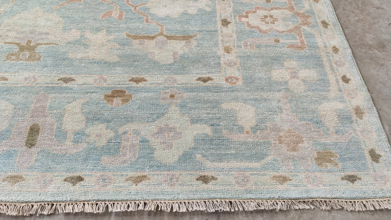 Coraline 9.3x12 Aqua and Blue Turkish Knot Oushak Rug | Banana Manor Rug Company