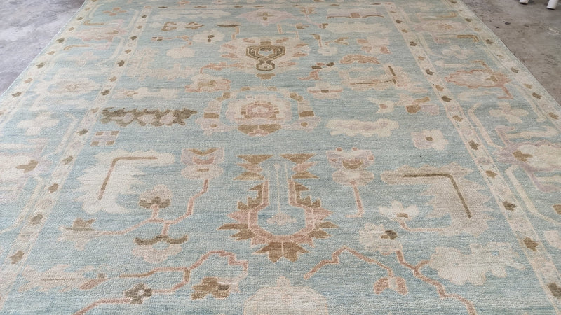 Coraline 9.3x12 Aqua and Blue Turkish Knot Oushak Rug | Banana Manor Rug Company