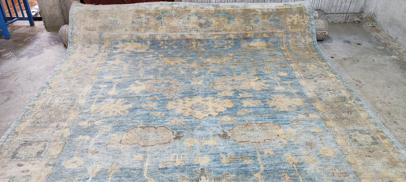 Cristina Cuomo 9x12 Aqua and Tan Hand-Knotted Oushak Rug | Banana Manor Rug Company