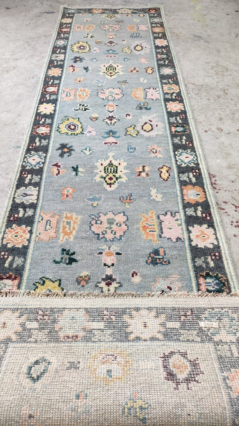 Danica 2.6x10 Blue and Light Blue Hand-Knotted Oushak Runner | Banana Manor Rug Company