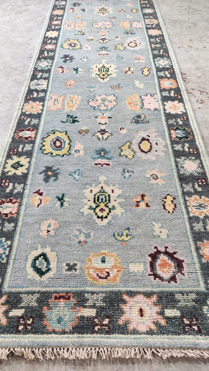 Danica 2.6x10 Blue and Light Blue Hand-Knotted Oushak Runner | Banana Manor Rug Company