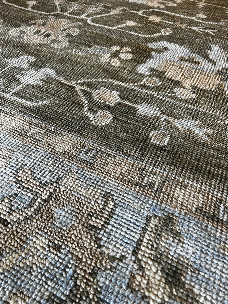 Danielle Colding 10x14 Dark Green and Tan Hand-Knotted Oushak Rug | Banana Manor Rug Company