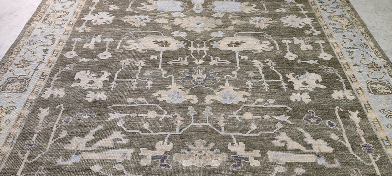 Danielle Colding 10x14 Dark Green and Tan Hand-Knotted Oushak Rug | Banana Manor Rug Company