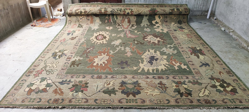 Dark Green Hand-Knotted Oushak Rug 10x14 | Banana Manor Rug Company