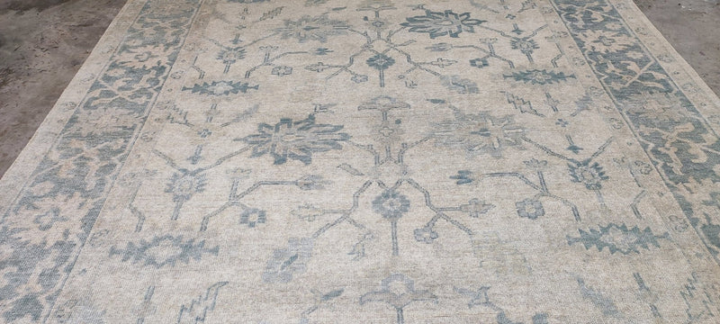 Darya Melnikova Hand-Knotted Oushak Rug Ivory and Green 9.3x12.3 | Banana Manor Rug Company