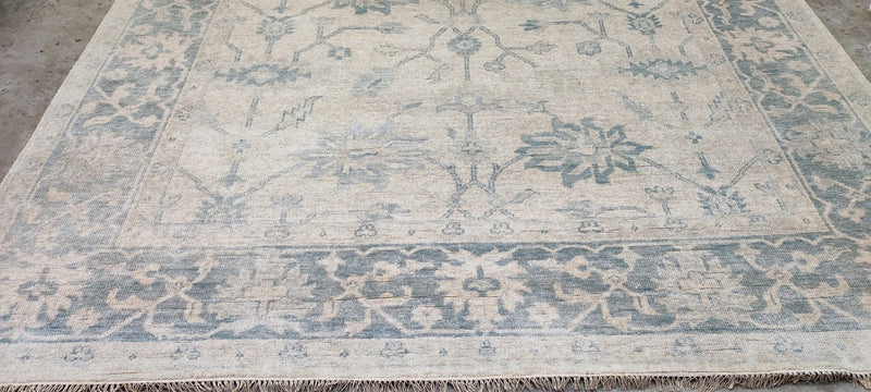 Darya Melnikova Hand-Knotted Oushak Rug Ivory and Green 9.3x12.3 | Banana Manor Rug Company