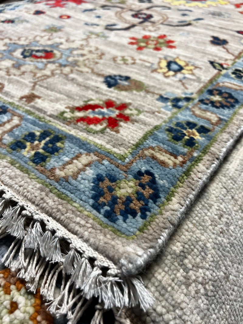 Deborah Francois 2.6x12.6 Ivory and Light Blue Hand-Knotted Oushak Runner | Banana Manor Rug Factory Outlet