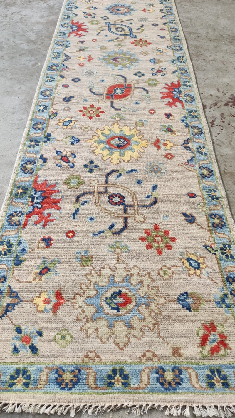 Déborah François 2.6x12.6 Ivory and Light Blue Hand-Knotted Oushak Runner | Banana Manor Rug Company