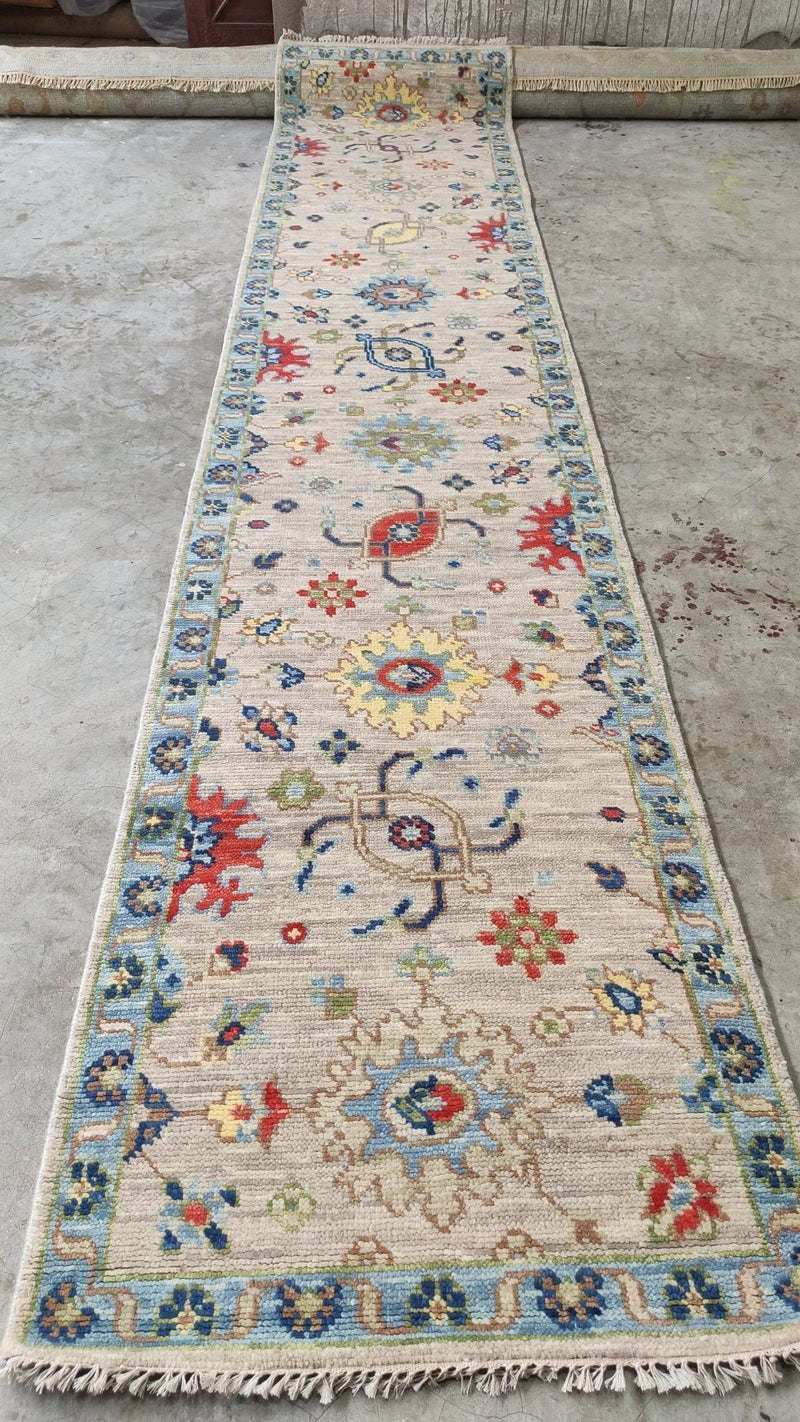 Déborah François 2.6x12.6 Ivory and Light Blue Hand-Knotted Oushak Runner | Banana Manor Rug Company