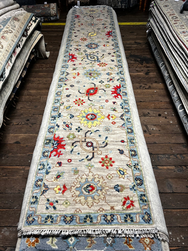 Deborah Francois 2.6x12.6 Ivory and Light Blue Hand-Knotted Oushak Runner | Banana Manor Rug Factory Outlet