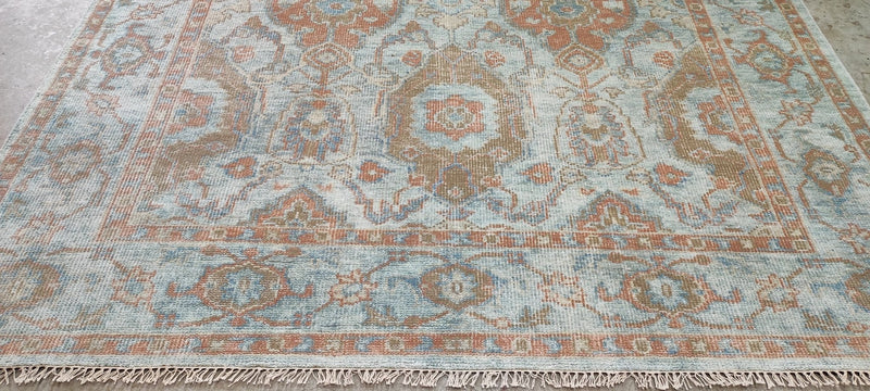 Delphine Krakoff Light Brown and Blue Hand-Knotted Oushak Rug 8.3x10 | Banana Manor Rug Company