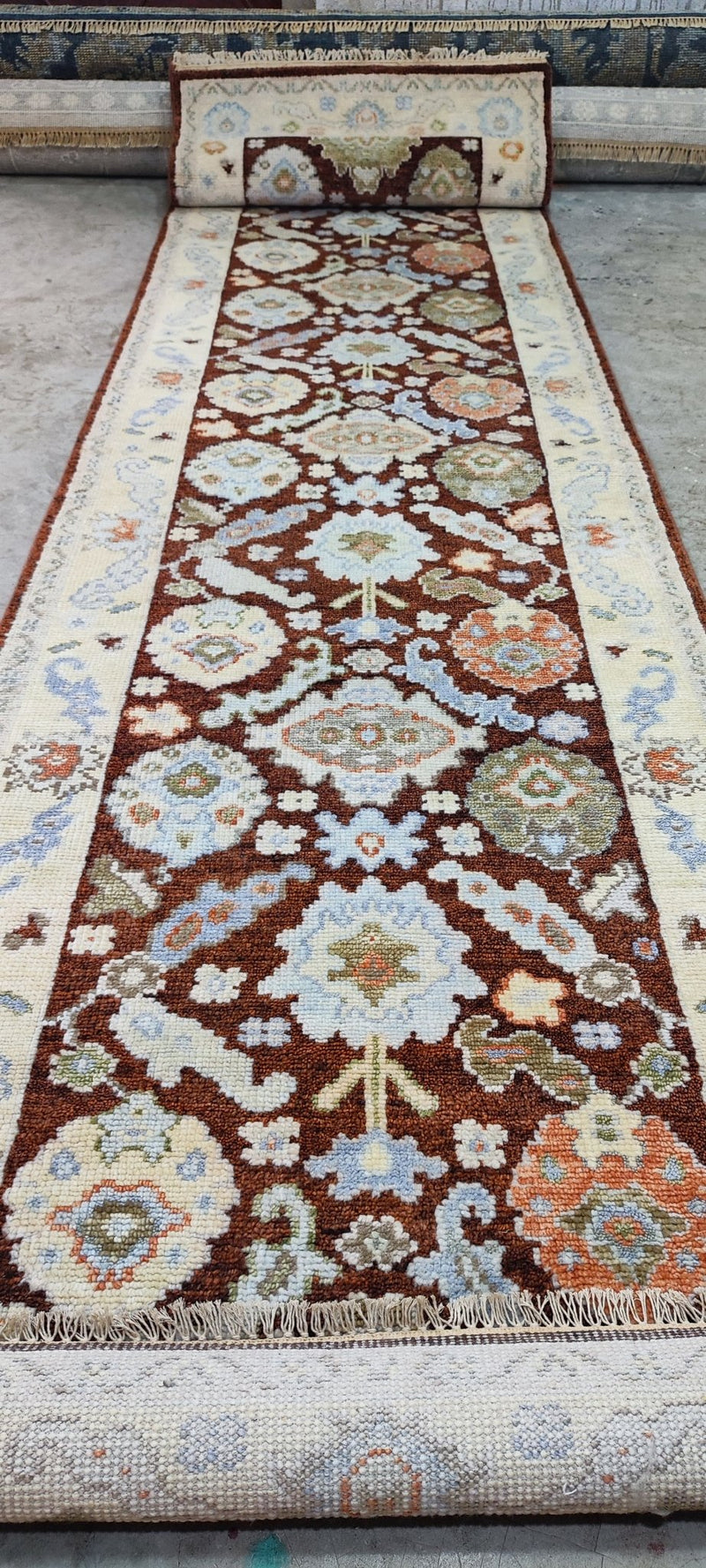 Dorothy Draper Red and Ivory Hand-Knotted Oushak Runner 3x14.3 | Banana Manor Rug Company