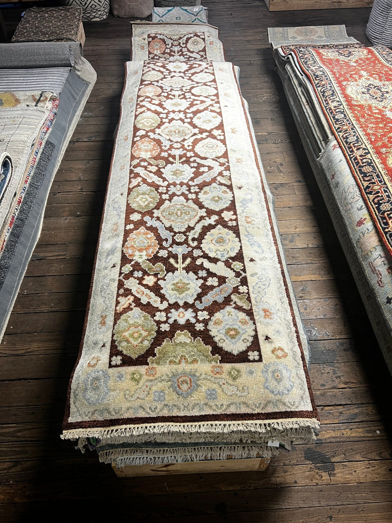 Dorothy Draper Red and Ivory Hand-Knotted Oushak Runner 3x14.3 | Banana Manor Rug Company