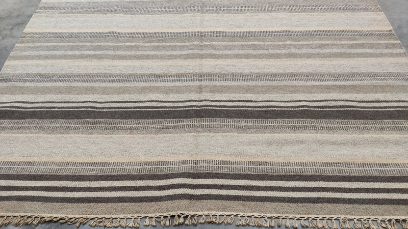 Down in Delray 6.6x8.3 Striped Brown Handwoven Durrie Rug | Banana Manor Rug Company