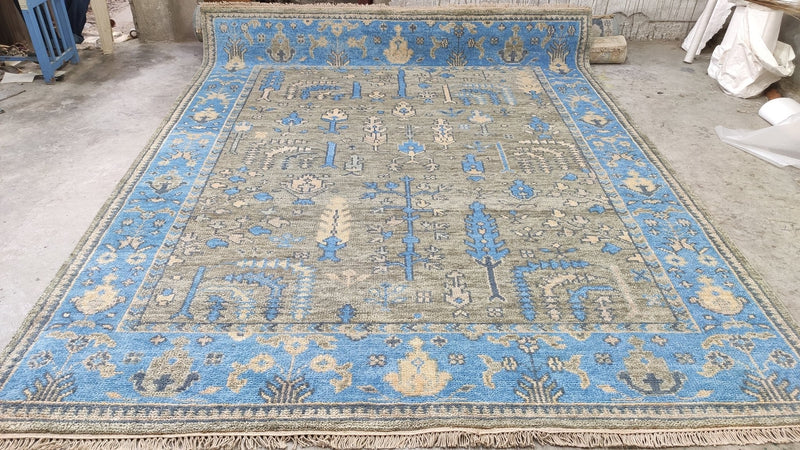 Edwina 8x10 Grey and Light Blue Hand-Knotted Oushak Rug | Banana Manor Rug Company