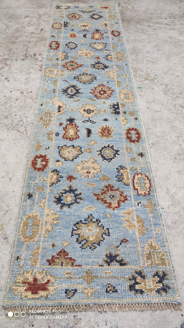 Elise 2.6x10 Hand-Knotted Light Blue Oushak Runner | Banana Manor Rug Company