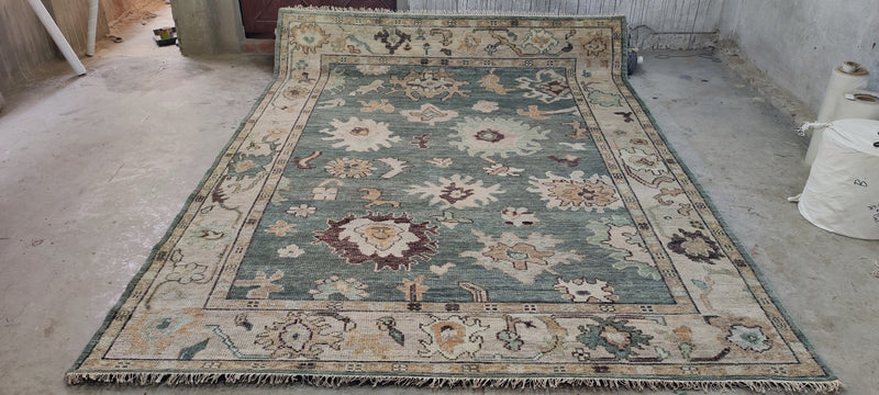 Elise de Wolfe Dark Green and Tan Hand-Knotted Oushak Rug 8x10 | Banana Manor Rug Company