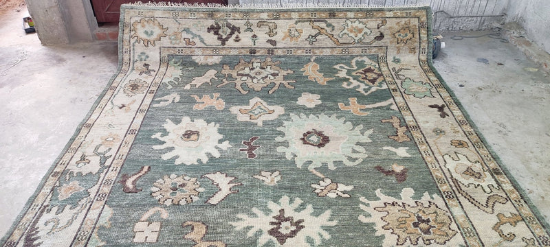 Elise de Wolfe Dark Green and Tan Hand-Knotted Oushak Rug 8x10 | Banana Manor Rug Company