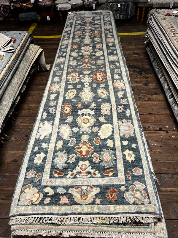 Elisha Cushman 3x11.6 Dark Grey Hand-Knotted Oushak Runner | Banana Manor Rug Factory Outlet