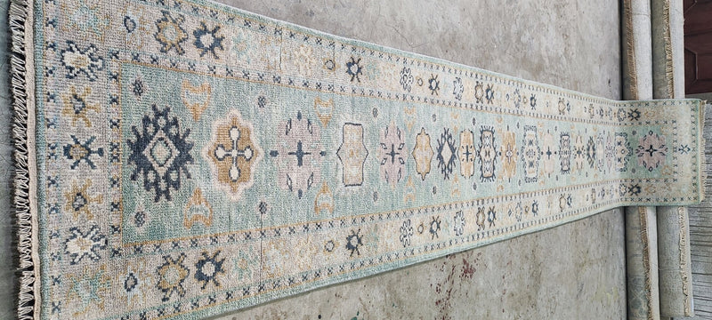 Elsie Mackay Light Green and Tan Hand-Knotted Oushak Runner 2.6x14 | Banana Manor Rug Company