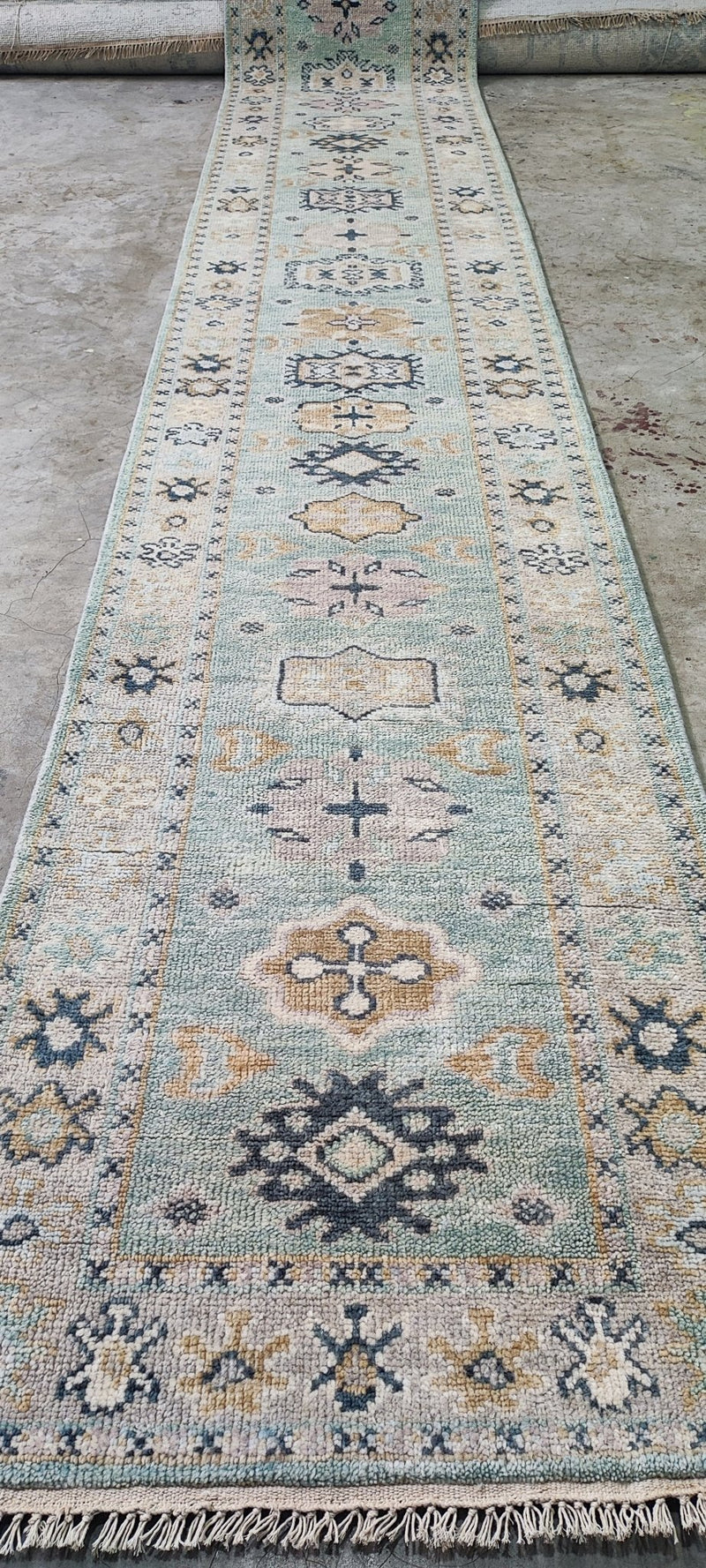 Elsie Mackay Light Green and Tan Hand-Knotted Oushak Runner 2.6x14 | Banana Manor Rug Company