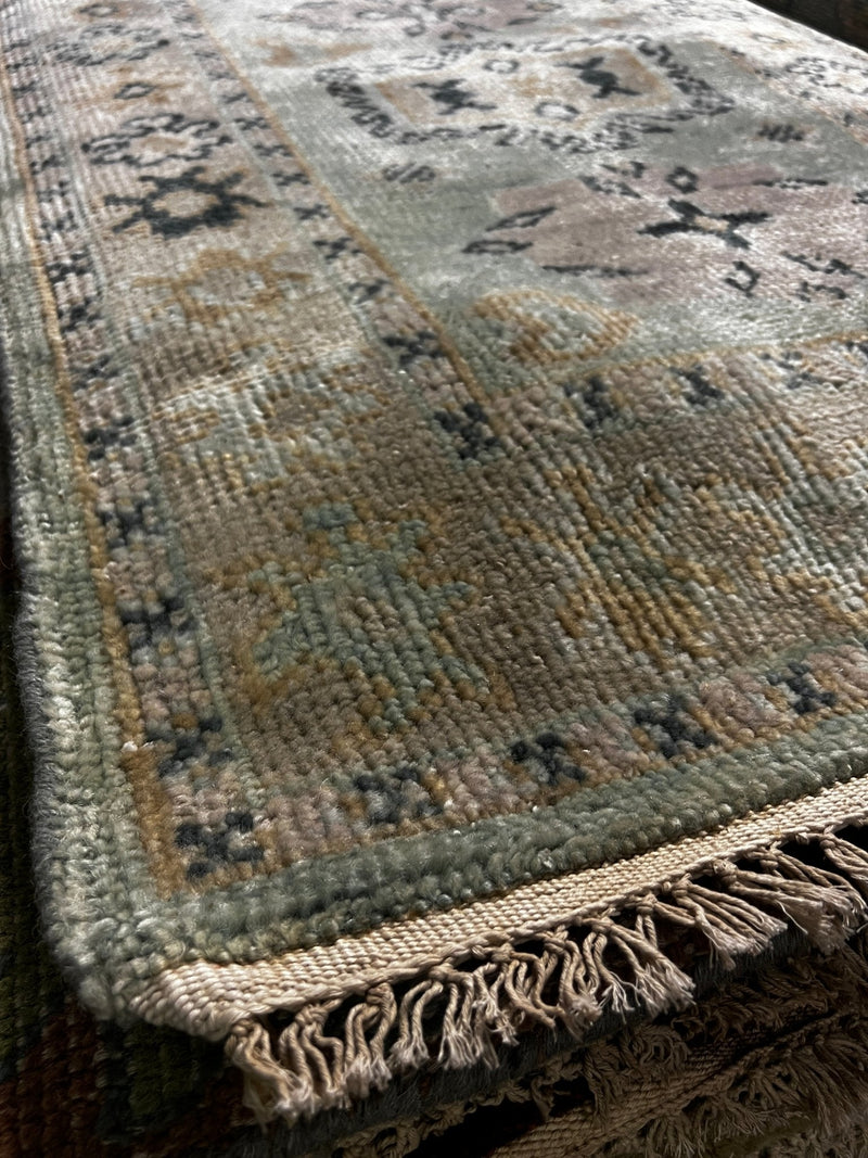 Elsie Mackay Light Green and Tan Hand-Knotted Oushak Runner 2.6x14 | Banana Manor Rug Company